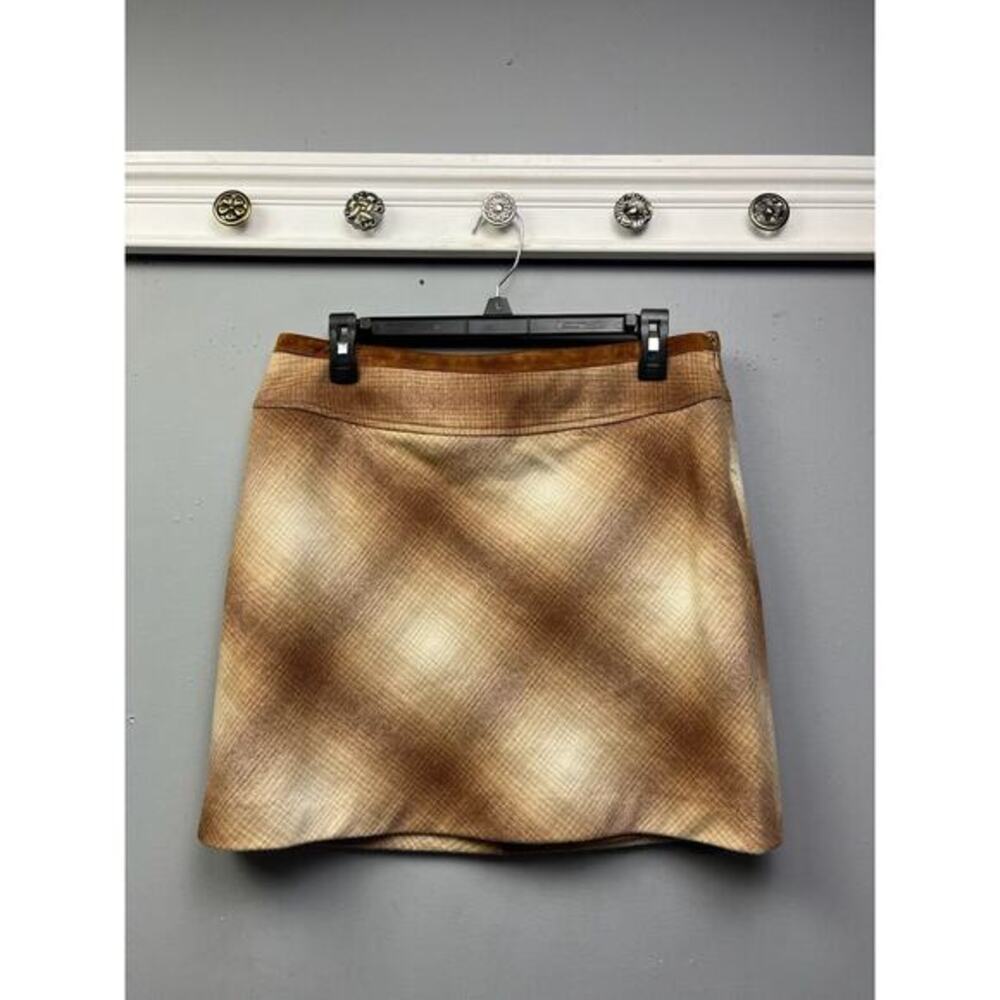 Kenneth Cole Plaid Mini Skirt Womens Size 8 Tan Plaid Belted Side Zip Lined